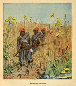 La guerra in Madagascar - Storia aneddotica delle spedizioni francesi del 1885-1895 di Henri Galli dit Galllichet, illustrata da Louis Bombled: Truppe francesi in spedizione nelle paludi in Madagascar nel 1895, Collezione privata da Louis Charles Bombled