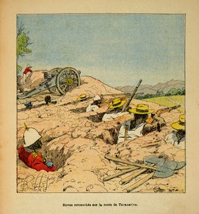 La guerra in Madagascar-Storia aneddotica delle spedizioni francesi del 1885-1895 di Henri Galli detto Galllichet (1854-1922), illustrato da Louis Bombled (1862-1927): Trincee delle truppe Hovas sulla strada per Tannarive nel 1895, Collezione privata da Louis Charles Bombled