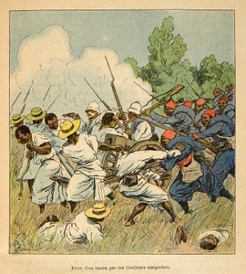 La guerra in Madagascar - Storia aneddotica delle spedizioni francesi del 1885-1895 di Henri Galli dit Galllichet (1854-1922), illustrata da Louis Bombled (1862-1927): I malgasci sequestrano un cannone durante le battaglie di Ambolomonty nel 1895