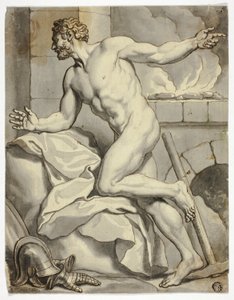 Nudo maschile inginocchiato accanto a una fornace (Vulcano), con elmetto e guanti di metallo sul pavimento da Louis Cheron
