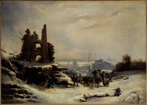 Il ritorno dal mercato (effetto neve su Parigi), 1830 circa (olio su tela) da Louis Claude Mallebranche