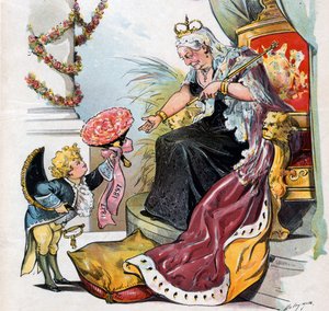 Puck che si inchina e porge un mazzo di fiori con la scritta "1837 1897" alla Regina Vittoria