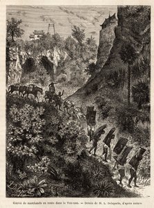 Un convoglio di mercanti e i loro portatori in rotta verso Yunnan (Cina), inciso dal disegno di L.Delaporte, per illustrare il viaggio di esplorazione in Indocina di Francis Garnier, tenente di nave, nel 1866-1868, pubblicato in "Le tour du monde" 1874