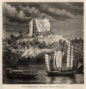 Una roccia con pagoda e varie barche sul fiume blu (Cina), incisione dal disegno di L. Delaporte, per illustrare il viaggio di esplorazione in Indocina di Francis Garnier, tenente di nave, nel 1866-1868, pubblicato in "Le tour du monde" da Louis Delaporte