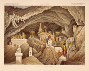 Interno di un tempio in una grotta in Laos, stampa realizzata da F. Sorrieu, illustrazione da 