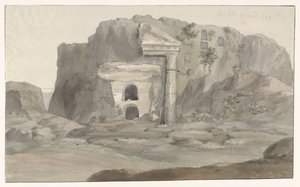 Tombe con facciata in stile dorico scolpite nella roccia nei dintorni di Siracusa (Voyage en Italie, en Sicile et à Malte - 1778) da Louis Ducros