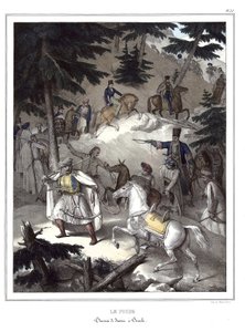 Il Pindo, attraversamento da Janina a Tricala. in "Viaggio ad Atene e Costantinopoli, o raccolta di ritratti greci e ottomani, vedute e costumi, dipinti sul posto o dopo la natura, litografie e colori di Louis Dupre (1789-1837), allievo di David.1825" da Louis Dupré