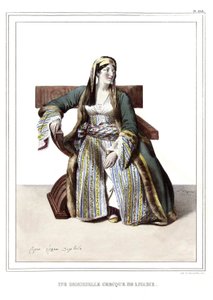 Una signora greca di Livadia. in "Viaggio ad Atene e Costantinopoli, o raccolta di ritratti greci e ottomani, vedute e costumi, dipinti sul posto secondo natura, litografie e colori di Louis Dupré (1789-1837), allievo di David. 1825.