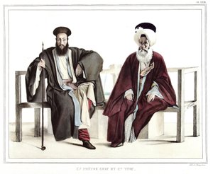 Un prete greco e un turco. in "Viaggio ad Atene e Costantinopoli, o raccolta di ritratti, vedute e costumi greci e ottomani, dipinti sul posto dopo la natura, litografie e colori di Louis Dupre (1789-1837), allievo di David.1825 da Louis Dupré