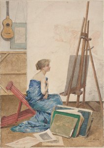 Studio di un pittore con un modello avvolto in seta giapponese da Louis Emile Adan