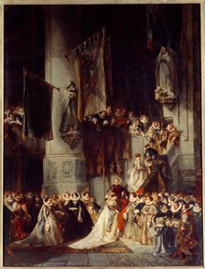 Una cerimonia nella Chiesa di Delft. Dipinto che raffigura un matrimonio in Olanda nel XVI secolo da Louis Eugene Gabriel Isabey