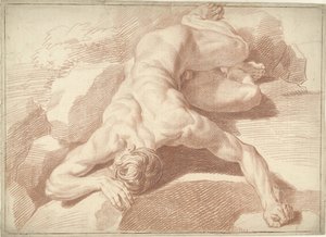 Nudo maschile, sdraiato a pancia in giù, rappresentato in scorcio da Louis Fabritius Dubourg