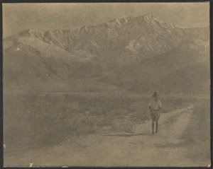 [Donna che cammina sul sentiero verso le montagne]