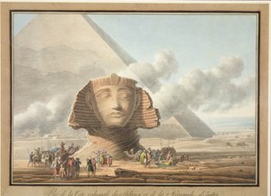 Vista della testa della Sfinge e della Piramide di Chefren