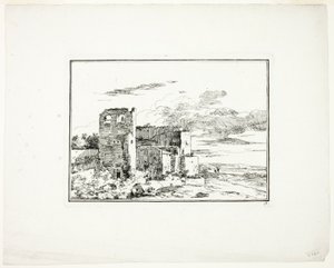 Edifici in rovina vicino alla riva di un fiume, tavola 9 da Quatrieme suite de paysages dessinés et grave a l