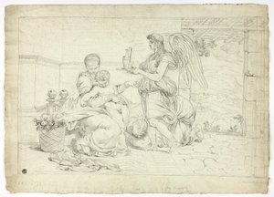 Sacra Famiglia con angelo che regge un