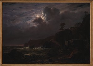 Veduta di Kullen in Svezia. Contrabbandieri nascondono le loro merci tra le rocce. Chiaro di luna