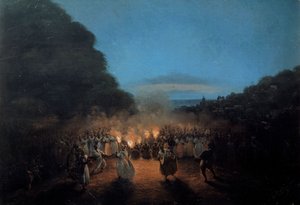 La Bamboula una volta ballava il bambù (o bastoni) nelle Indie Occidentali Scena di danza degli schiavi neri alla luce delle torce da Louis Honore Gamain