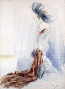 Elegante Signora con Cappello Piumato e Pelliccia da Louis Icart
