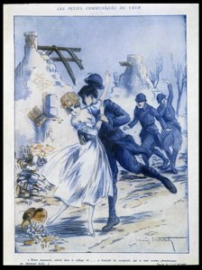 Soldati che entrano in città, uno bacia una donna, "charming spoil", Illustrazione di Louis Icart in "Fantasio" 15/12/1915 da Louis Icart
