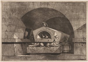 Tomba con Sfinge: Monumento Funerario con un Gufo su un Sarcofago Sostenuto da Sfinge, c. 1779-84 da Louis Jean Desprez