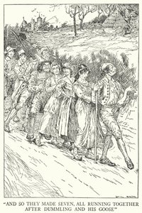 "E così fecero sette, tutti correndo insieme dietro Dummling e la sua oca" da Louis John Rhead