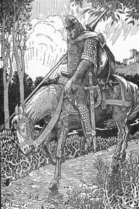 Mordred ferito dopo la battaglia di Camlann contro suo padre Re Artù (Mordred ferito dopo la battaglia di Camlann) Illustrazione di Louis Rhead (1858-1926) da 