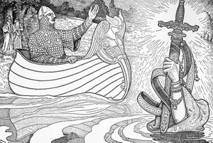 Rappresentazione della Dama del Lago (fata Viviana), personaggio delle leggende arturiane, che dona a Re Artù la spada Excalibur