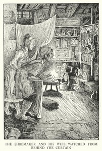 Il calzolaio e sua moglie guardavano da dietro la tenda (litografia) da Louis John Rhead