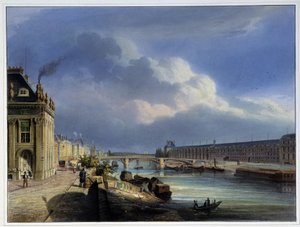 Vista del Pont du Carrousel e della Grand Galerie du Louvre - in Paris en 1837 di Arnout da Louis Jules Arnout