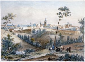 Bouvier nella campagna bretone (Dinan in lontananza) - litografia di Jacottet e Benoist da Louis Julien Jacottet