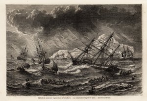 Pesca del merluzzo sul Grand Bank di Terranova, le barche seguono le linee, disegno di Lebreton, per illustrare il viaggio a Terranova nel 1860 di A. de Gobineau. Incisione in 