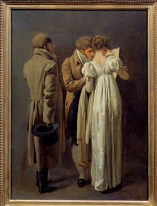 Amanti delle stampe Giovani vestiti alla moda del Primo Impero contemplano una stampa da Louis Leopold Boilly