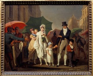 I borghesi sotto la pioggia a Parigi in moda del Primo Impero. Dipinto di Louis Leopold Boilly (1761-1845) XIX secolo da Louis Leopold Boilly