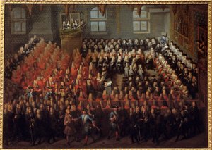 Letto di giustizia tenuto da Luigi XV (1710-1774) nella Grande Camera del Parlamento di Parigi per annullare il testamento di Luigi XIV (1638-1715) da Louis Michel Dumesnil