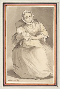 Donna seduta e bambino (matita, penna e inchiostro e acquerello su carta)