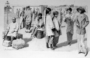 Viaggiatori cinesi ed europei del Transiberiano durante una sosta. 1913. Illustrazione di Sabatier