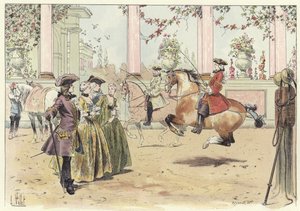Un gruppo di uomini e donne che guardano una performance equestre da Louis Vallet