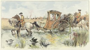 Una donna che viaggia in una carrozza trainata da cavalli attraverso un fiume da Louis Vallet