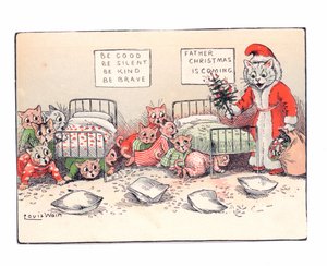 Cartolina vittoriana di auguri di gattini che si rannicchiano per la paura alla vista di un gatto vestito da Babbo Natale, c.1880 da Louis Wain