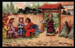 Animali in postura umana. Gatto in kimono che beve il tè in un giardino giapponese. Cartolina. Cromolitografia di Louis Wain (1860-1939), artista inglese noto per la sua rappresentazione di gatti dagli occhi grandi. Inizio del 20° secolo. Collezione privat