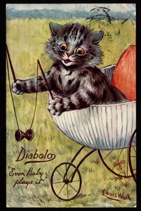 Diabolo. Anche il bambino ci gioca. Animali in postura umana. Gattino che gioca con un diabolo nella sua culla. Cartolina. Cromolitografia di Louis Wain, artista inglese noto per la sua rappresentazione di gatti dagli occhi grandi. Inizio del XX secolo. da Louis Wain