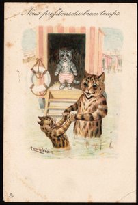 Nous profitons du beau temps. Animali in postura umana. Bagno di mare di gatti in vacanza. Cartolina. Cromolitografia di Louis Wain (1860-1939), artista inglese noto per la sua rappresentazione di gatti dagli occhi grandi. Inizio del 20° secolo. Collezione da Louis Wain