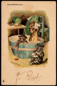 Il bagno del mattino. Animali in postura umana. Gatti che fanno il bagno in una bacinella. Cartolina. Cromolitografia di Louis Wain, artista inglese noto per la sua rappresentazione di gatti dagli occhi grandi. Inizio del XX secolo.