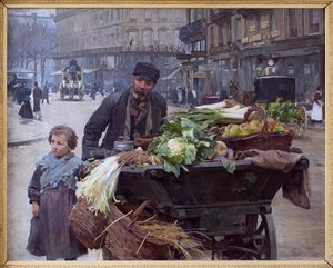 Il mercante delle quattro stagioni a Parigi. Dietro di lui, l
