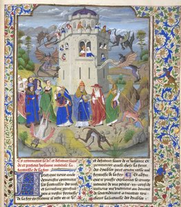 Fortezza della Fede Miniatura dei Santi Gregorio, Agostino, Girolamo e Ambrogio che combattono i demoni, fine XV secolo da Loyset Liedet