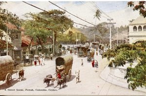 Scena di strada, Pettah, Colombo, Ceylon, c.1900-20 (fotografia colorata a mano)