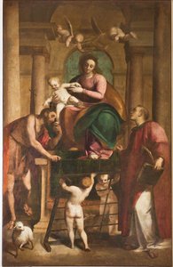 Genova, Duomo (Cattedrale di San Lorenzo), interno, Battistero (ex Chiesa di San Giovanni il Vecchio): "Madonna col Bambino tra San Giovanni Battista e San Lorenzo", di Luca Cambiaso da Luca Cambiaso