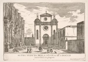 Tavola 38: Vista della facciata della chiesa di San Rocco e a sinistra la facciata della Scuola, 1703 da Luca Carlevarijs