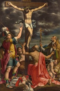 Altare di San Fermo, Crocifissione con i Santi Fermo, Girolamo e Papa Gregorio XIV, Luca Cattapane 1593 da Luca Cattapane